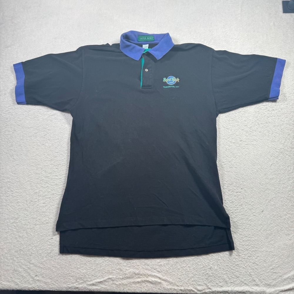 Outer Banks Hard Rock Cafe Polo Men Large Black Purple Vintage 90s Good USA Made